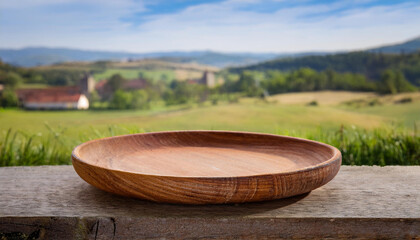 Handcrafted round wooden plate with rustic rural view background, empty plate for food. Mock-up