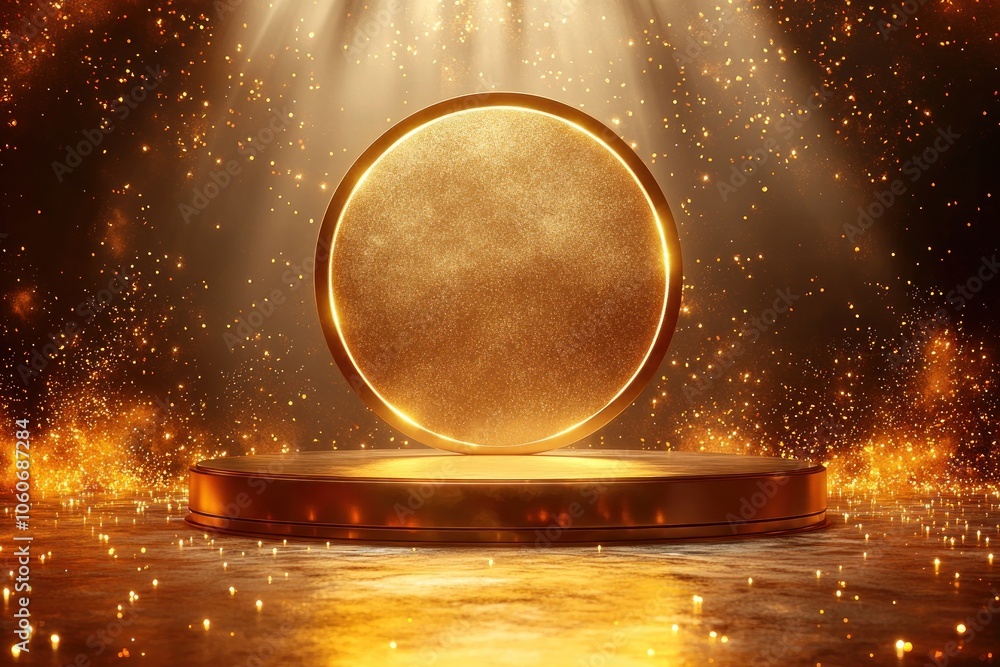 Poster golden circular platform with glittering background