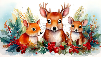 Naklejka premium colorful watercolor merry christmas illustration features adorable winter animals festive holly decorations