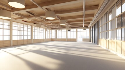 Empty Industrial Loft Space with Large Windows and Wooden Beams