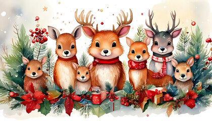 Obraz premium colorful watercolor merry christmas illustration features adorable winter animals festive holly decorations