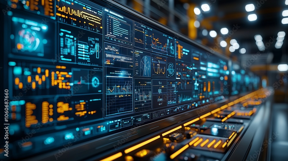 Poster a bustling technology control room with glowing digital screens displaying data. the atmosphere is m