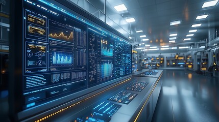 Warehouse management control room with advanced digital interfaces and data analytics displays in a modern laboratory setting.