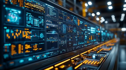 A bustling technology control room with glowing digital screens displaying data. The atmosphere is modern and high-tech.