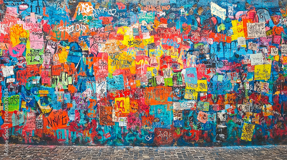 Poster a mural displays an array of colorful graffiti filled with diverse art and messages, reflecting urba