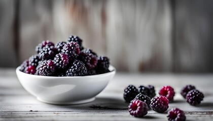Organic Black raspberry in a white enamel plate on a gray wooden background
