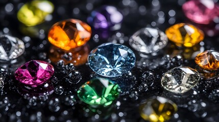 Fototapeta premium A close-up of the sparkling diamonds, each reflecting vibrant colors and creating an enchanting pattern in shades of gold, blue, purple, orange, yellow, black, silver, and red