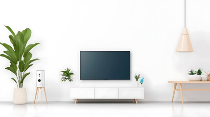 Modern living room with smart TV, plants, and stylish decor