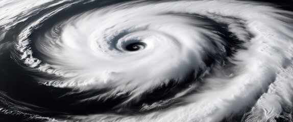 Obraz premium Spiral hurricane from space, massive storm system, swirling clouds, black and white satellite image, atmospheric vortex, extreme weather, eye of the storm, cosmic perspective, dramatic contrast, turbu