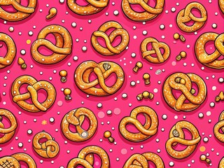 Playful seamless pattern of cartoon pretzels on a pink backdrop, showcasing traditional sesame-topped treats, perfect for Oktoberfest-themed designs and festive marketing materials.