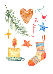 Set of illustrations for the New Year and Christmas. Set of Christmas decorations isolated on a white background. Watercolor illustration: sock, gift, present, stars, candle, cookies, christmas tree