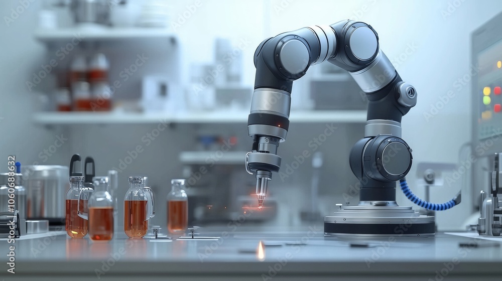 Poster a robotic arm operates in a futuristic laboratory, showcasing automation and precision in scientific