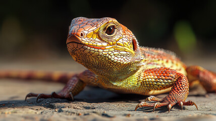 Fototapeta premium Close up of lizard basking in sunlight, showcasing vibrant colors and details