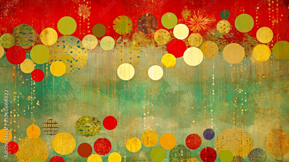 Poster A dynamic array of colorful circles in various sizes overlays a background of rich reds and soft blues, adding visual interest and energy
