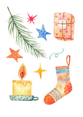 Set of illustrations for the New Year and Christmas. Set of Christmas decorations isolated on a white background. Watercolor illustration: sock, gift, present, stars, candle, cookies, christmas tree