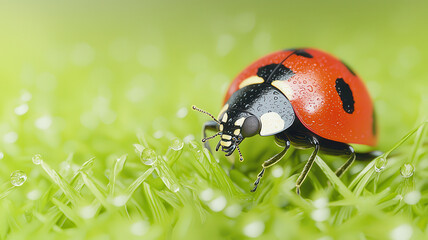 Obraz premium Gentle macro shot of ladybug on dewy grass, showcasing nature beauty