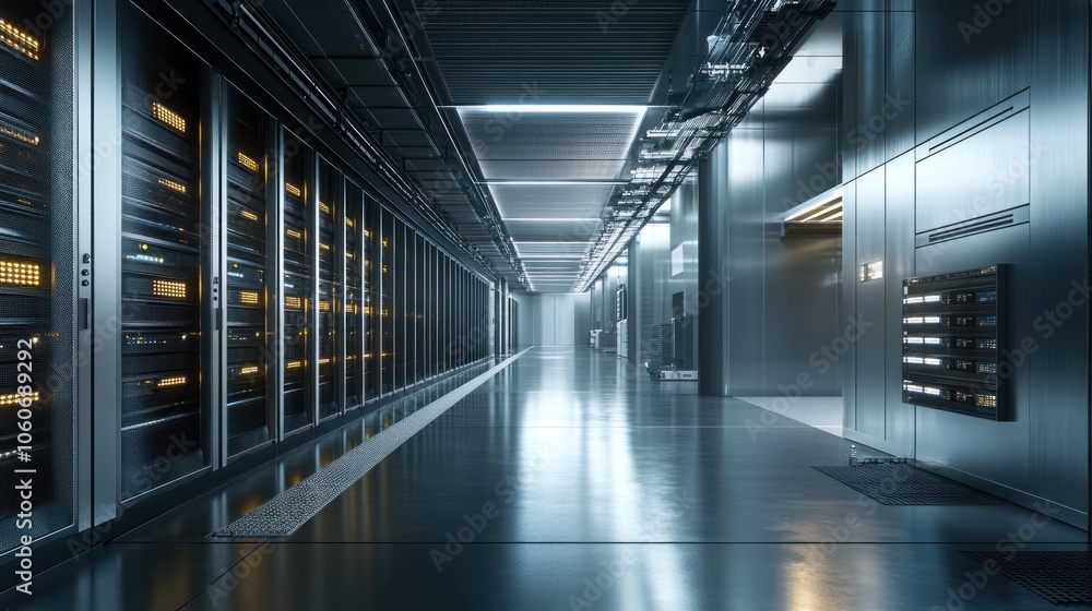 Poster an empty hallway with rows of server racks on one side, with a bright white light at the end of the 