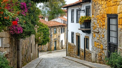 Obraz premium A cobblestone street winds through a charming European village, lined with colorful buildings and lush greenery.
