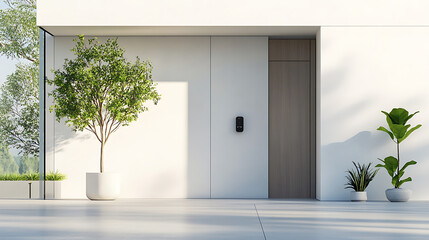 High tech smart doorbell with camera at modern entrance, showcasing greenery