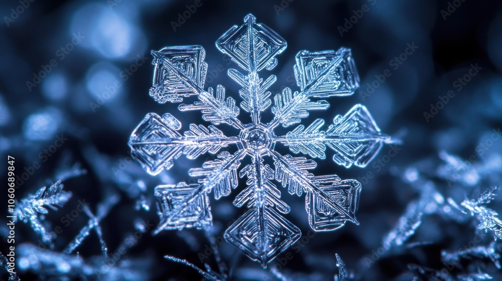 Poster a single snowflake with a six-pointed, intricate, and symmetrical structure, captured up close again