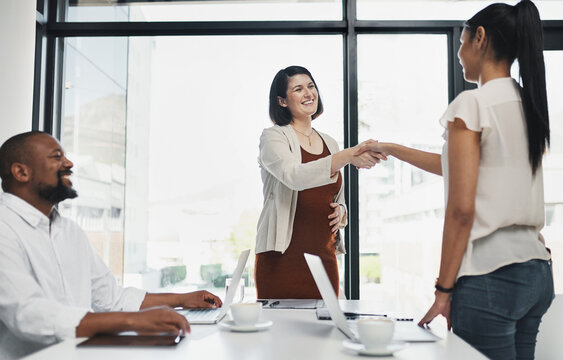 Handshake, pregnant and woman with smile, welcome and art director in meeting, stomach and creative. Greeting, professional and shaking hands with coworker, ambitious and empowerment in business