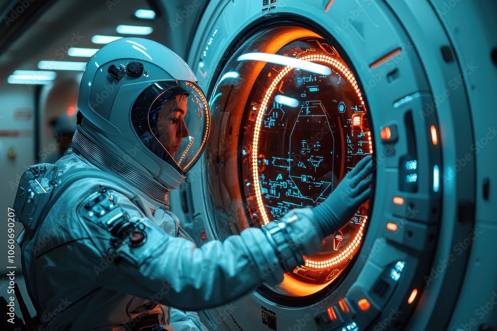 Aufkleber Astronaut Interacting with Futuristic Interface