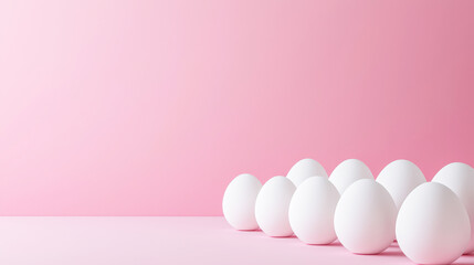 Fototapeta premium White eggs are neatly aligned against a soft pink background, creating a calming and minimalistic visual effect ideal for various themes