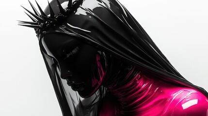 Profile of a woman with a crown wearing a black latex mask and veil