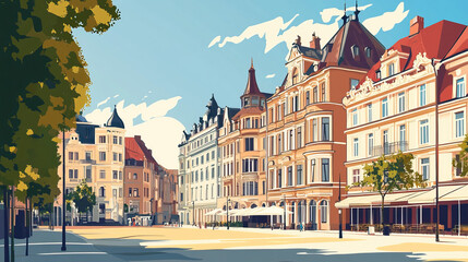 Helsingborg, Sweden, french vintage Art Nouveau & Art Deco travel poster template. Cityscape and city skyline.Classic La Belle Epoque vichy art. Clear, simple, trendy