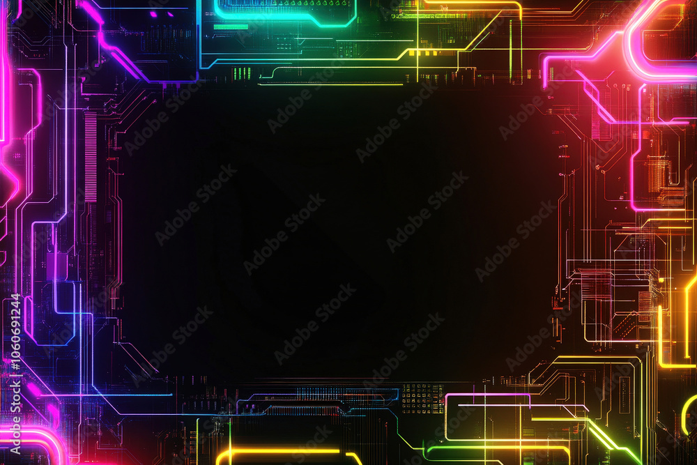 Poster A dynamic circuit board design featuring bright neon colors and intricate lines illuminated against a dark backdrop