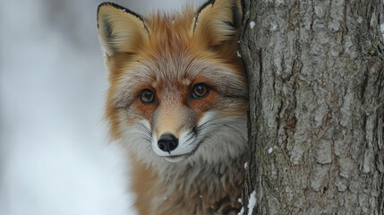 Fototapeta premium A red fox cautiously peers around a tree trunk in a snowy forest, showcasing its vibrant fur in the winter landscape