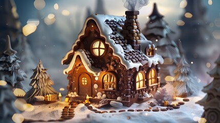 Glowing Fairytale Cottage in the Snowy Winter Wonderland Landscape with Festive Holiday Lighting and