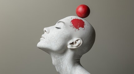 Head sculpture with red ball and splash of red paint