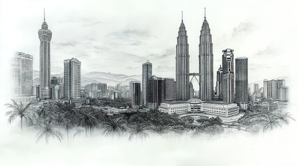Fototapeta premium A pencil drawing in a sketchbook of the Kuala Lumpur skyline, focusing on the Petronas Towers