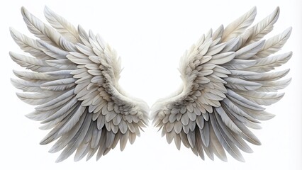 Fototapeta premium Realistic White and Grey Angel Wings Isolated on White Background for Ethereal Portraits and Fantasy Art Concepts