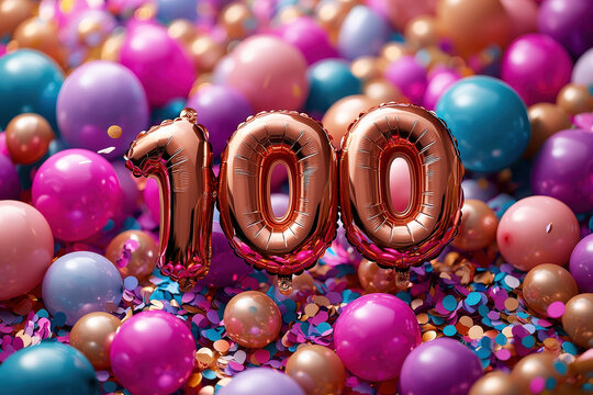 Colorful balloons, confetti, and decorations create a joyful atmosphere for a celebration marking the milestone of 100 years