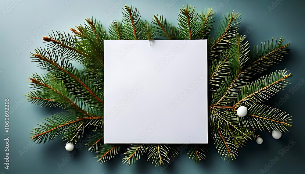 Poster flat lay featuring christmas tree branch arrangement white notes empty space new year concepts clean