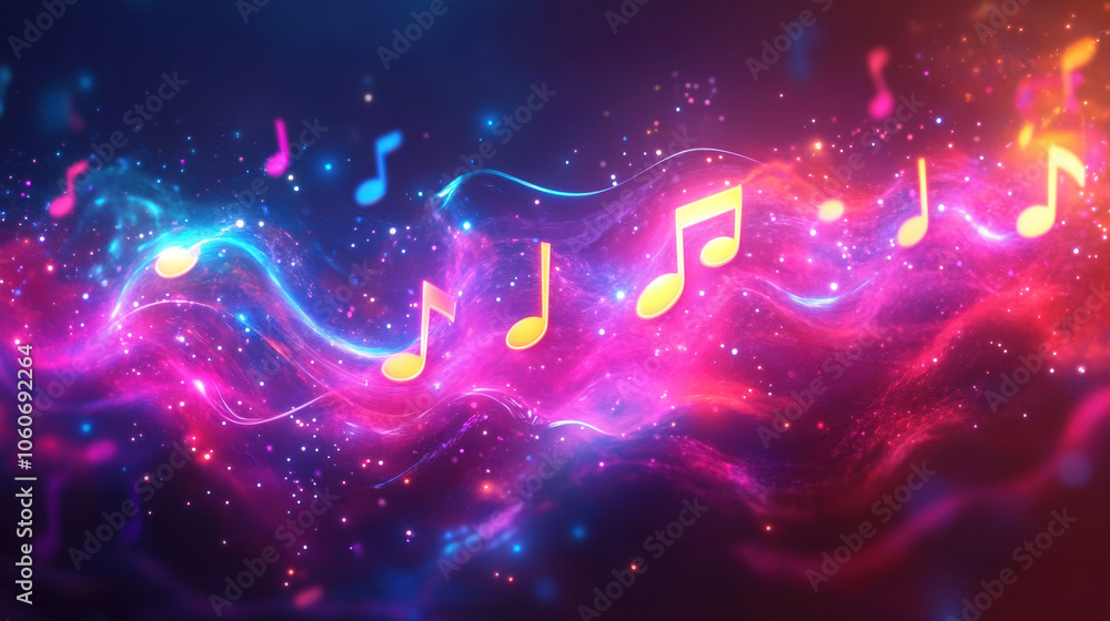 Poster bright musical notes float gracefully in a swirling cosmic backdrop filled with vibrant colors and s
