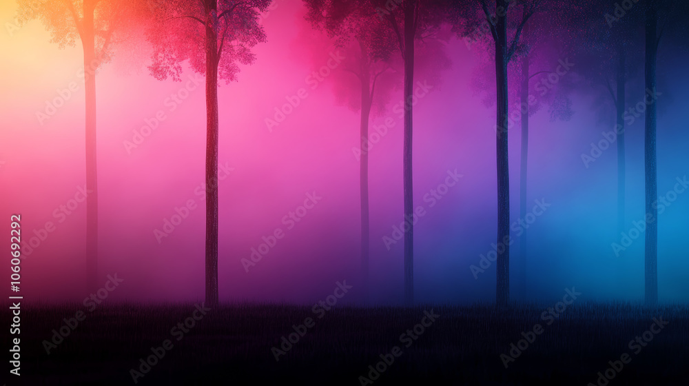 Wall mural surreal forest landscape with vibrant colors and misty atmosphere, showcasing tall trees in shades o