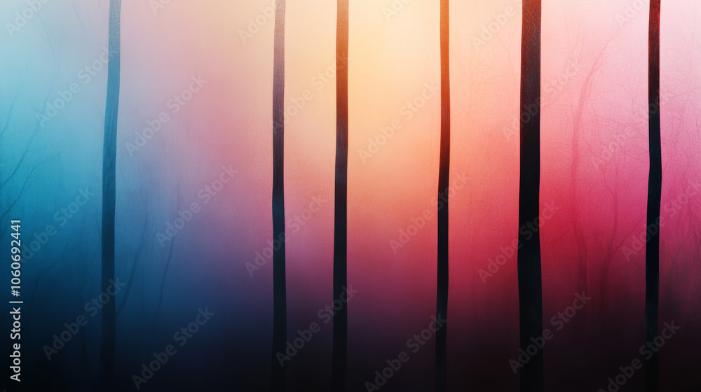 Poster abstract forest landscape with surreal colors and vertical lines creating dreamy atmosphere. blend o