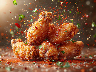 fried chicken in a spicy seasoning. It appears to be a dynamic scene of frying with a blurred background.