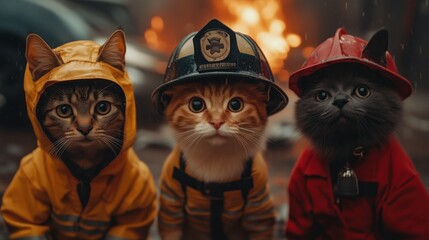 Firefighter cats in uniform in front of flames
