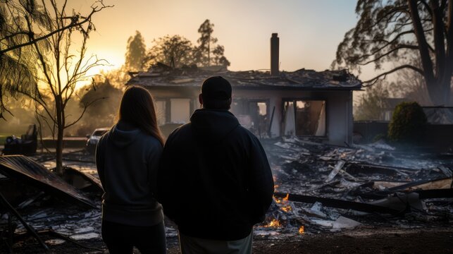 Two people stand silently before a smoldering house in early light, contemplating the impact of the overnight blaze.
