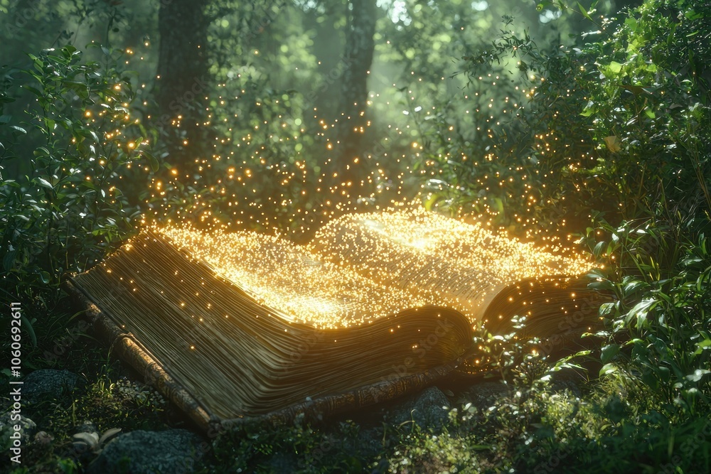Poster an open book glowing with magical light in a lush forest