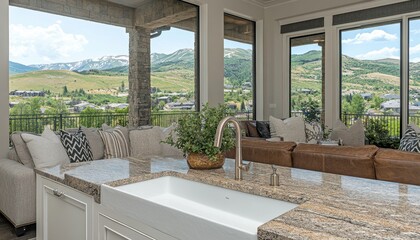 Close-up of a modern kitchen sink with granite countertop and mountain view
