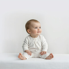 Fototapeta premium Cute baby in white clothes on white background