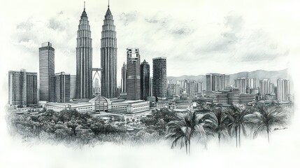A pencil drawing in a sketchbook of the Kuala Lumpur skyline, focusing on the Petronas Towers.