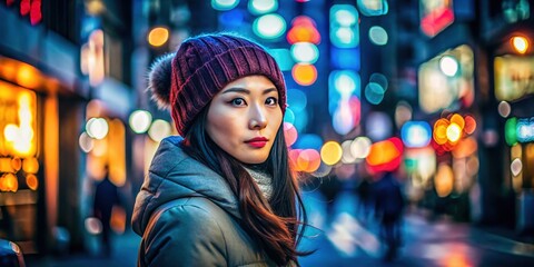 In a winter city night, a Japanese woman dons a beanie and jacket, exuding grace and cultural heritage, beautifully representing Japan's distinctive charm beyond its borders.
