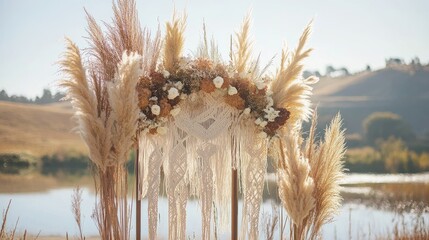 Bohemian wedding backdrop featuring pampas grass, dried flowers, and a macram arch against a natural background.