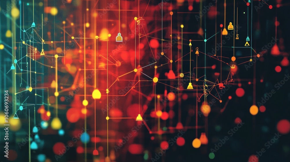 Poster abstract digital network background with glowing dots and lines in red, orange, yellow and blue.